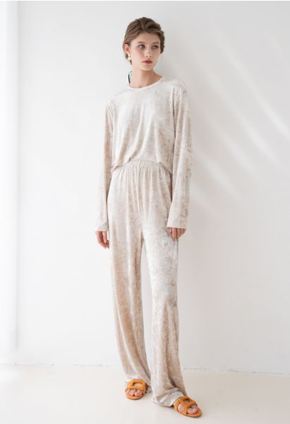 Shiny Velvet Long Sleeves Top and Pants Set in Ivory