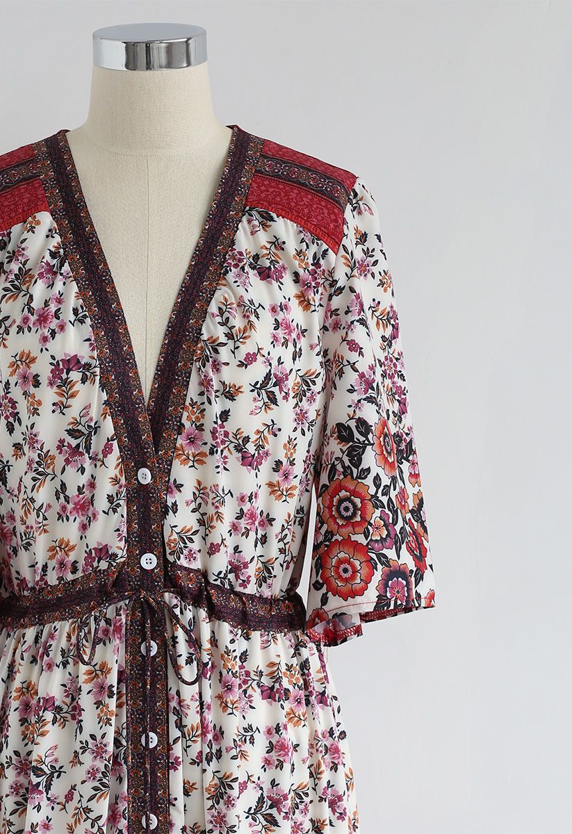 Vestido largo con botones y cordón floral bohemio