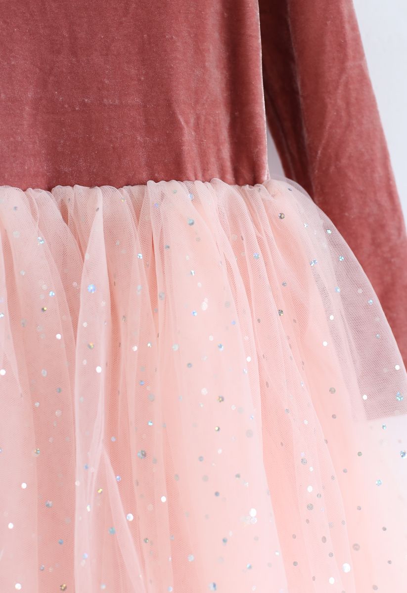 Velvet Sequined Double-Layered Mesh Dress For Kids in Peach