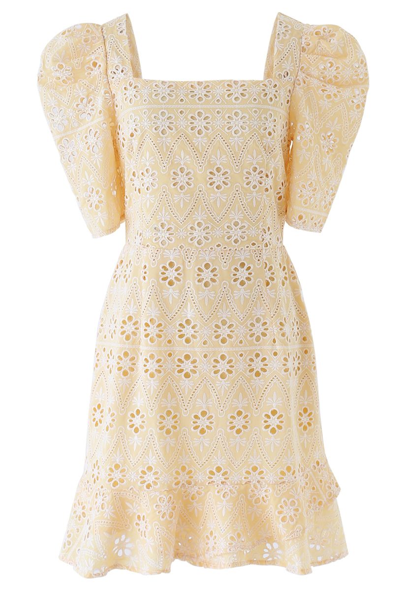 Zigzag Eyelet Floral Embroidered Square Neck Mini Dress in Apricot