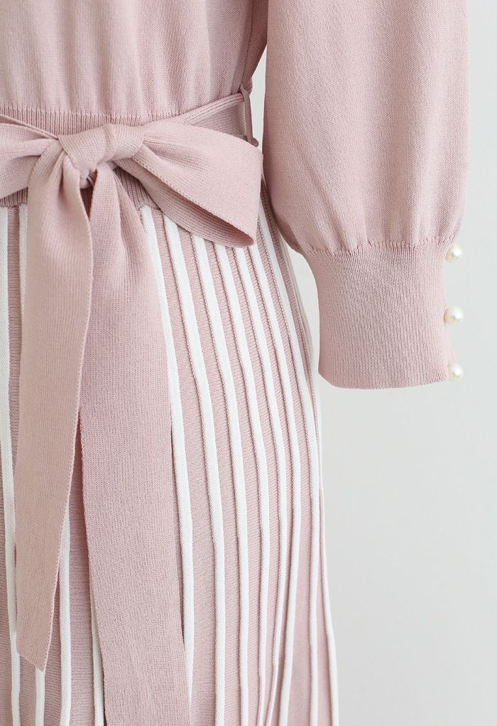 Vestido de punto con lazo y escote en V Radiant Lines en rosa