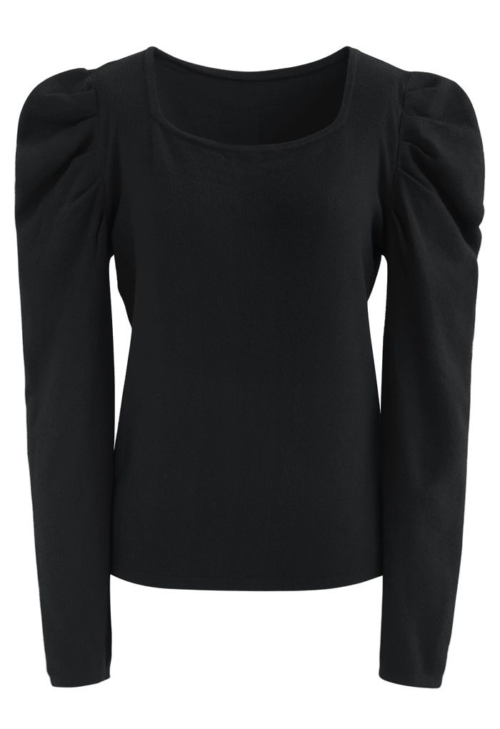 Square Neck Bubble Sleeves Knit Top in Black
