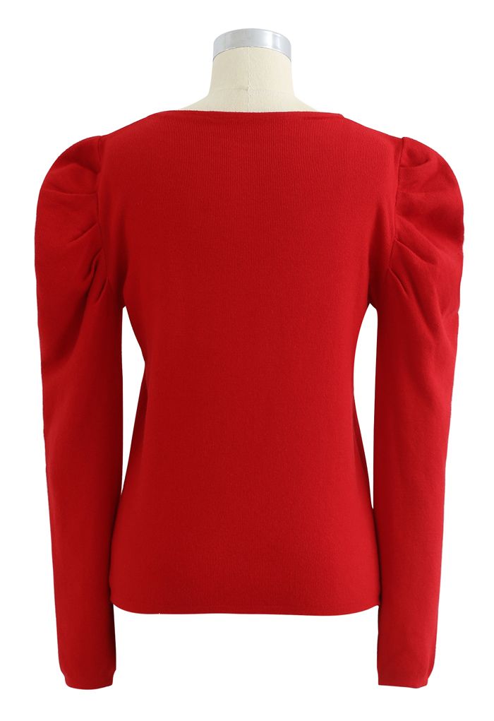 Square Neck Bubble Sleeves Knit Top in Red