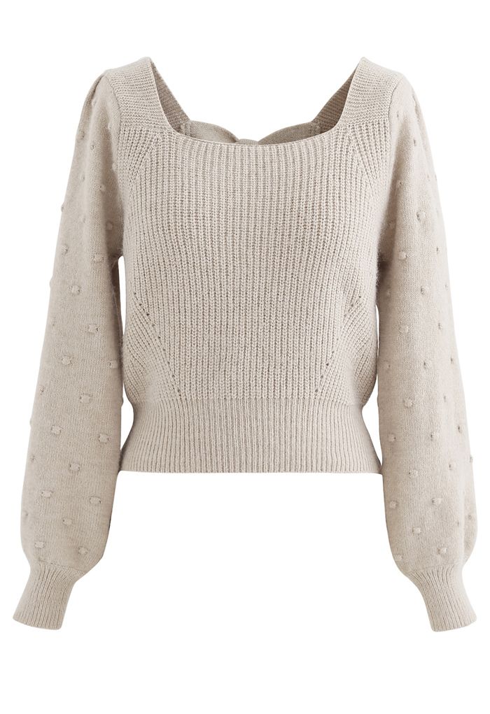 Bowknot Back Square Neck Knit Sweater in Light Tan