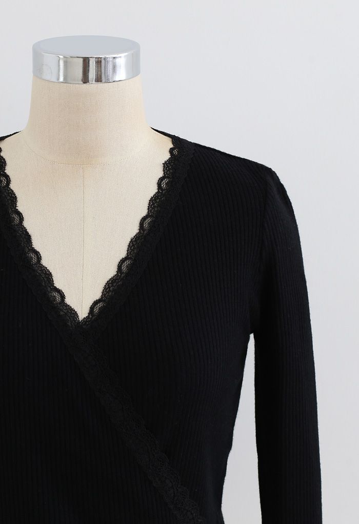 Lace Trim Wrap Knit Top in Black
