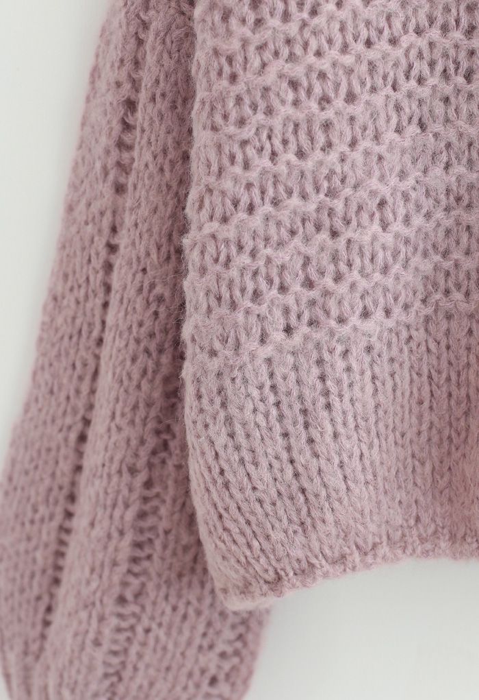 Fluffy Knit Hollow Out Crop Sweater in Dusty Pink