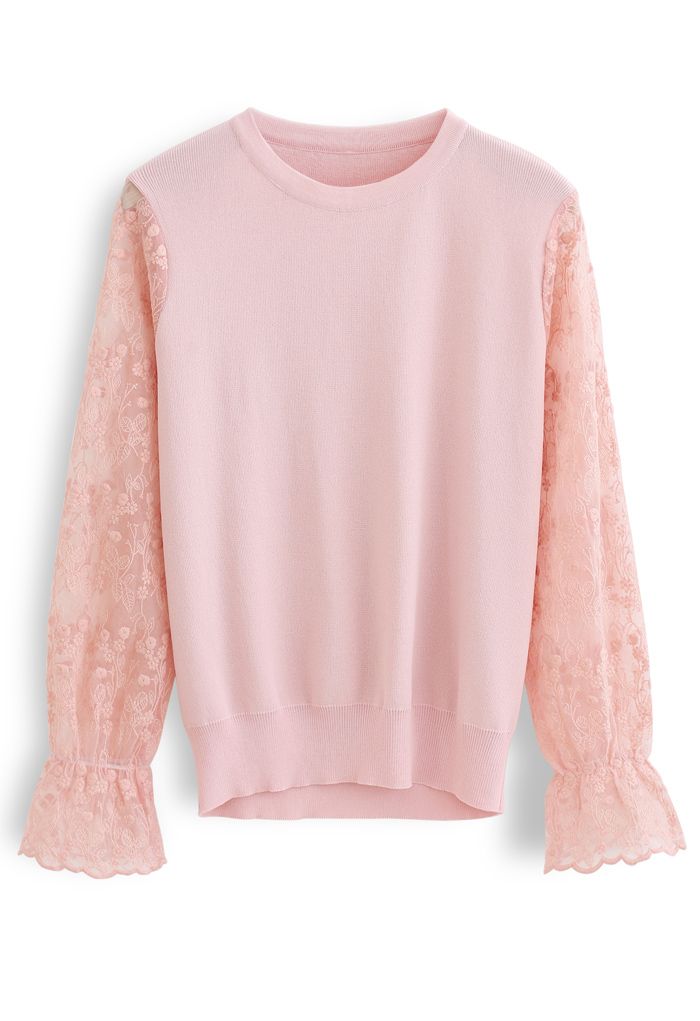 Embroidered Posy Mesh Sleeves Knit Top in Pink