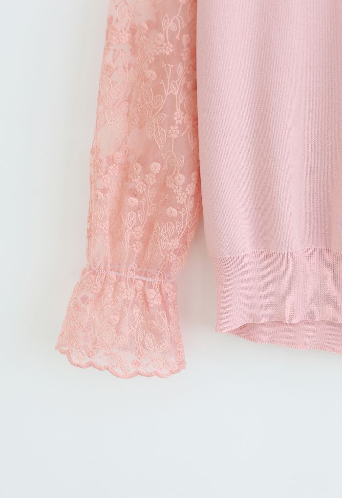 Embroidered Posy Mesh Sleeves Knit Top in Pink