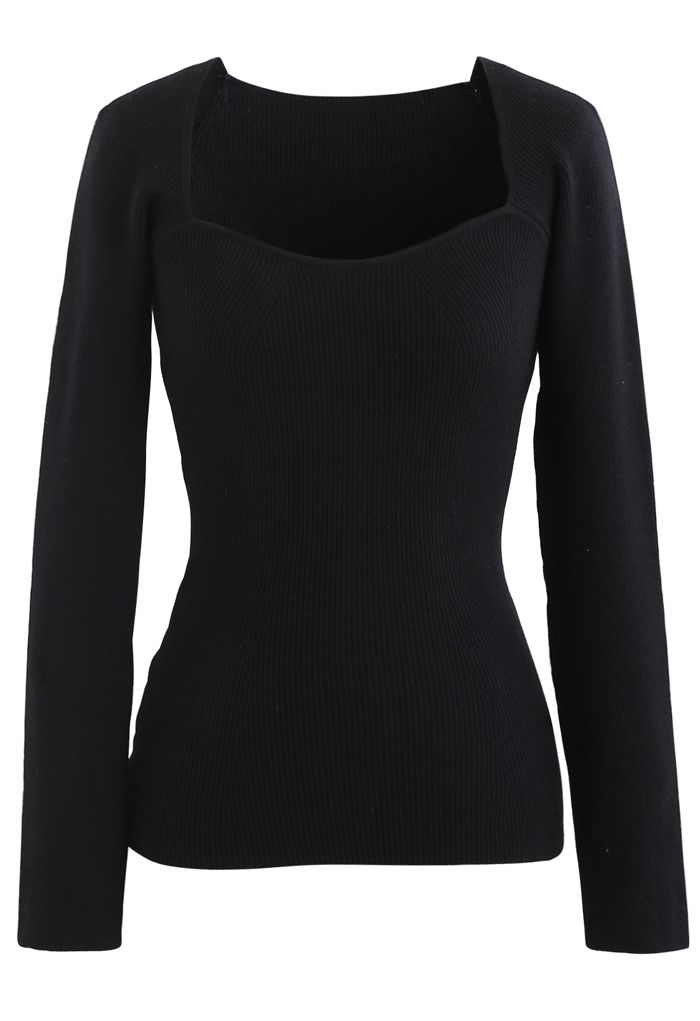 Square Neck Long Sleeves Fitted Knit Top in Black
