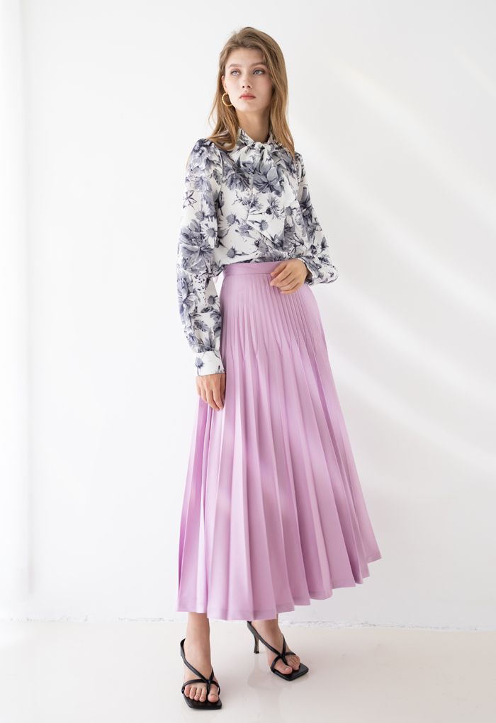 High-Waisted Full Pleated Maxi Skirt in Pink