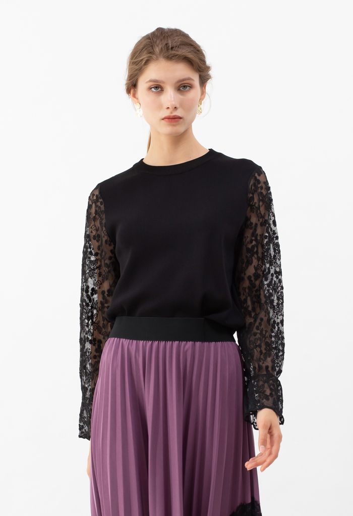 Embroidered Posy Mesh Sleeves Knit Top in Black