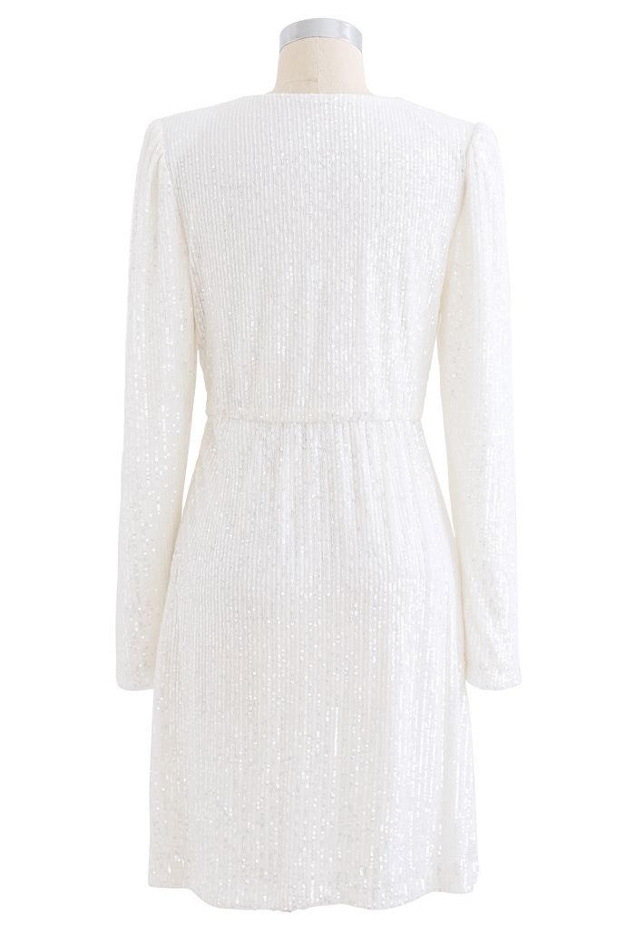 Shimmer Sequin Padded Shoulder Mesh Dress in Pearl White