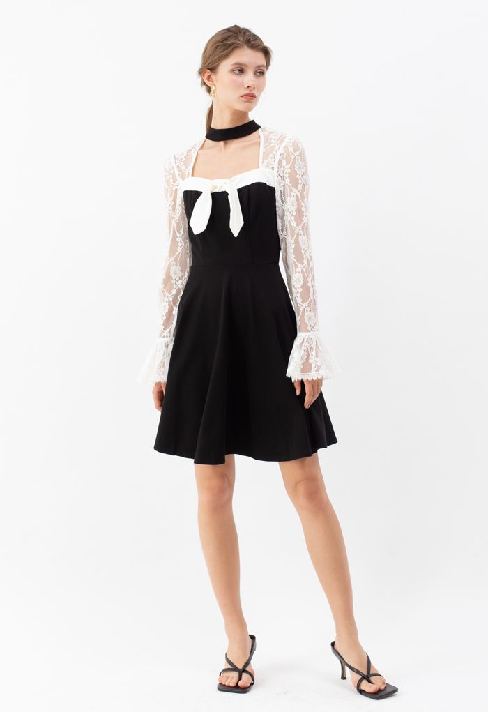 Lace Panel Bowknot Halter Flare Dress