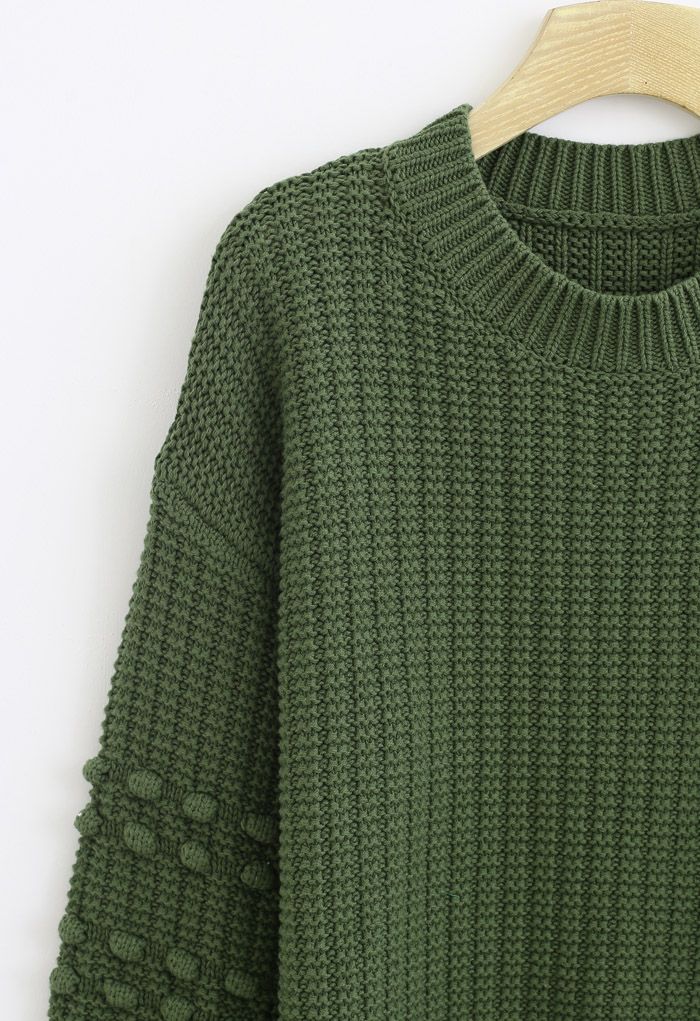 Bubble-Sleeve with Pom-Pom Detail Sweater in Green