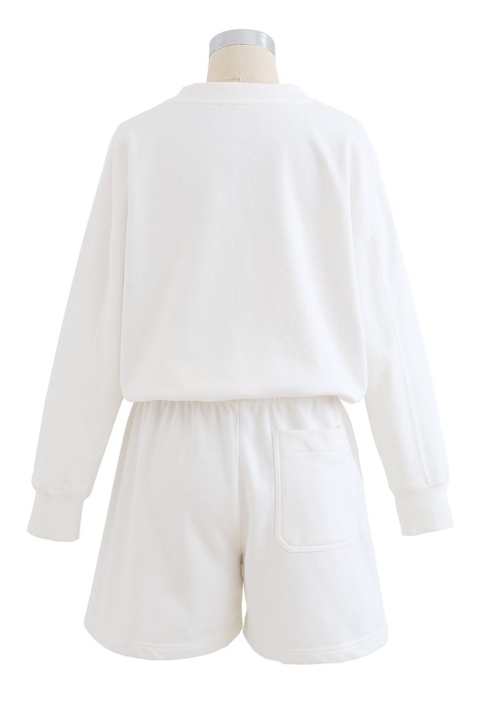 Round Neck Sweatshirt and Drawstring Shorts Set in White