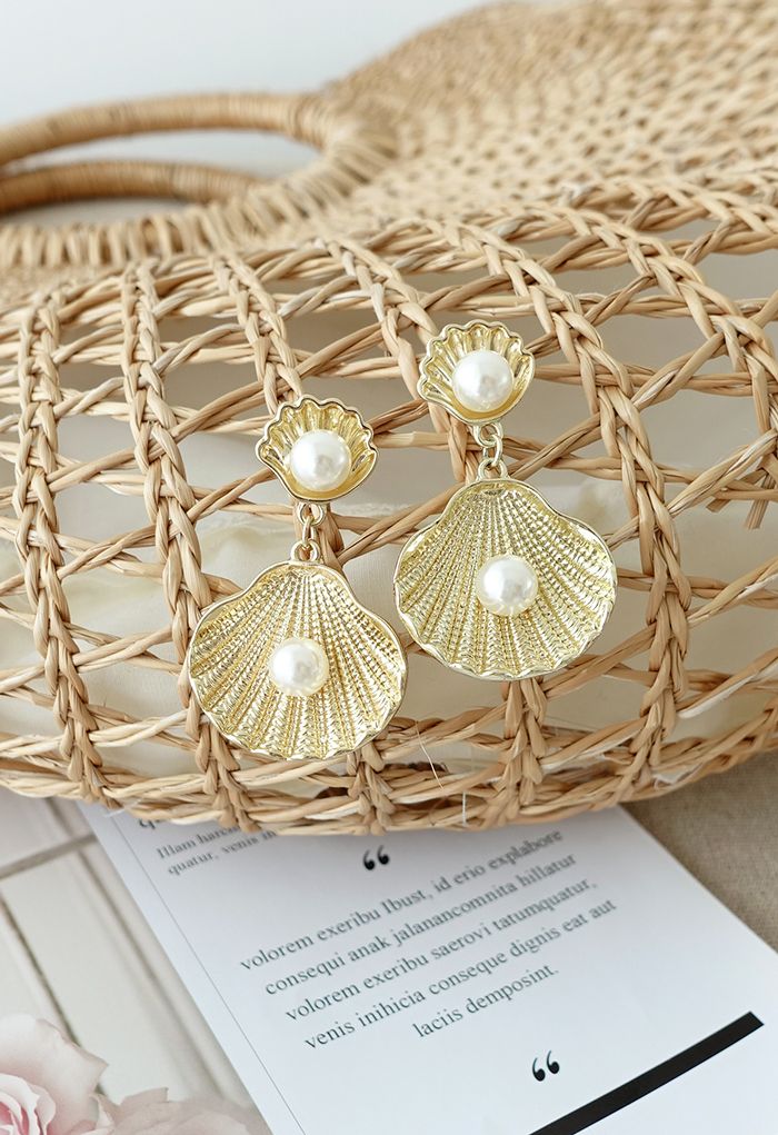Gold Natural Seashell Pearls Drop Earrings