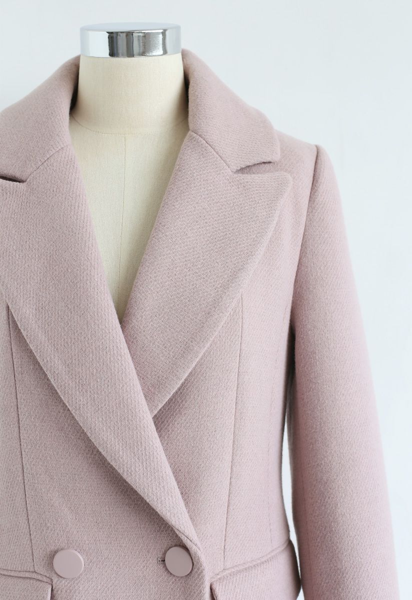 Front Pockets Wool-Blended Longline Blazer in Pink