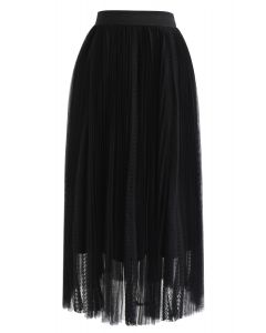 Exquisite Mesh Lace Pleated Midi Skirt in Black
