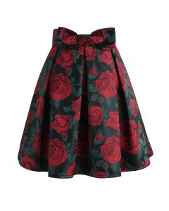 Red Rose Print Bowknot Pleated Mini Skirt 