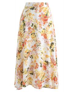 Blooming Season Watercolor Chiffon A-Line Midi Skirt in Orange