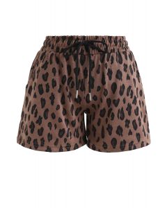 Leopard Print Drawstring Pockets Shorts in Caramel