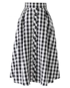 Buttoned Front Check Print A-Line Midi Skirt in Black