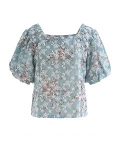 Floral Print Embroidered Bubble Sleeves Chiffon Top in Teal