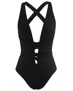 Deep V-Neck Lace-Up One-Piece Swimsuit in Black
