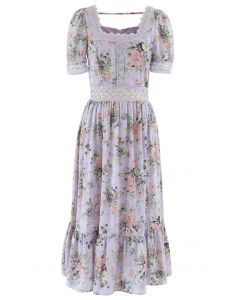 Crystal Button Crochet Floral Square Neck Dress in Lavender