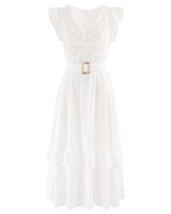 Buckle Belt V-Neck Ruffle Embroidered Eyelet Dress in White