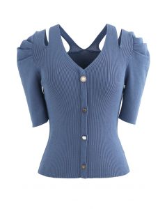 Cutout Shoulder Button Down Fitted Knit Top in Blue