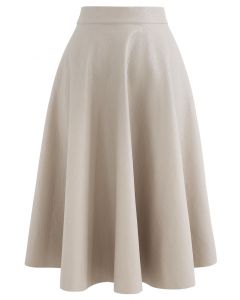Faux Leather Crocodile Embossed A-Line Midi Skirt in Sand