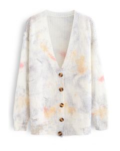 Horn Button Multicolored V-Neck Knit Cardigan