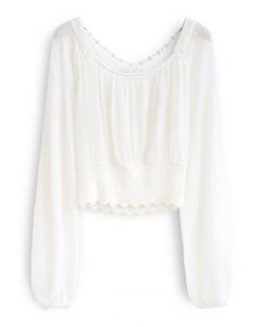 Crisscross Pearl Square Neck Crop Knit Top in White