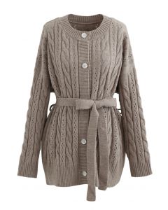 Braid Texture Buttoned Belted Cardigan in Taupe