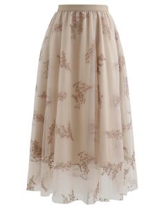 Sequins Embroidered Bouquet Mesh Midi Skirt in Tan