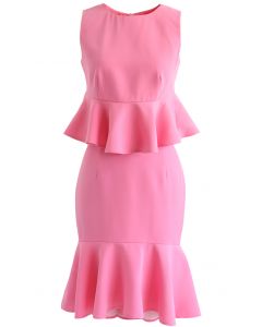 Frill Hem Sleeveless Cropped Top and Bud Skirt Set in Hot Pink