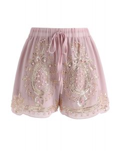 Shorts de gasa con perlas brillantes en rosa