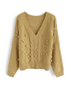 V-Neck Pom-Pom Cable Knit Sweater in Mustard