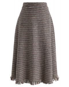 Houndstooth Tassel Hem A-Line Midi Skirt 