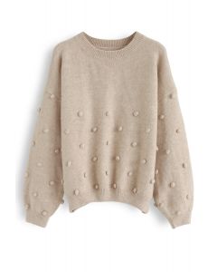 Pom-Pom Trim Fluffy Knit Sweater in Tan