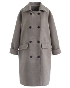 Flap Pockets Double-Breasted Wool-Blend Coat in Grey