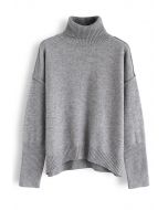 Soft Touch Basic Cowl Neck Knit Sweater in Grey