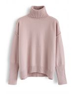 Suéter de punto básico con cuello vuelto suave al tacto en rosa